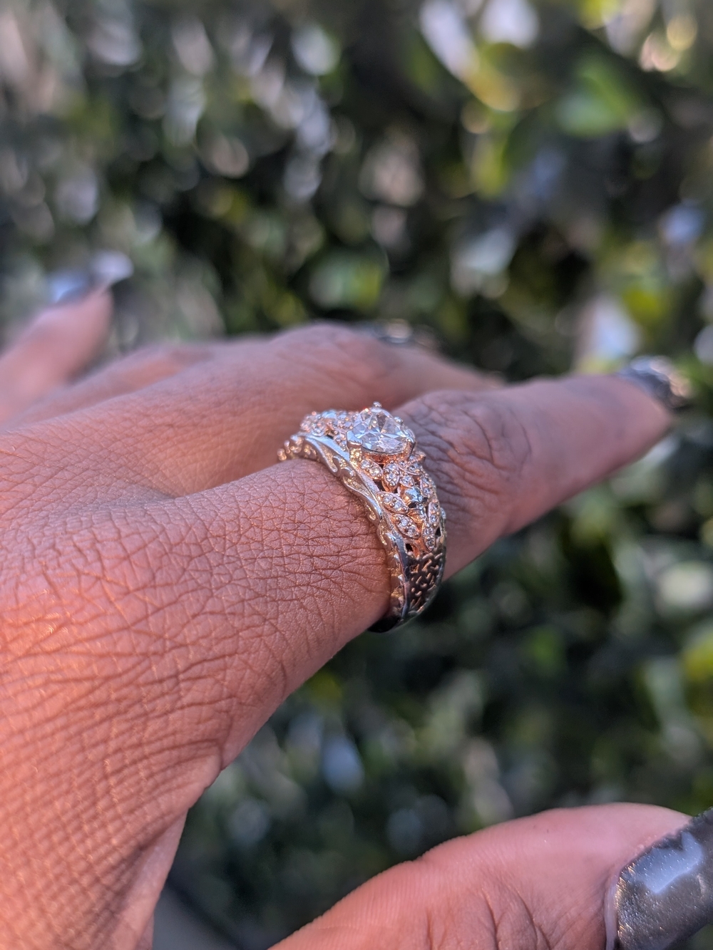 Rose Gold Ornate Filigree Engagement Ring with Clear Center Stone